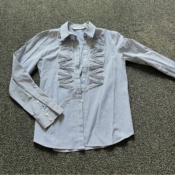 TRINA TURK Blue & White Striped Seersucker Button Down Top Shirt Ruffle Detail S - Picture 2 of 16
